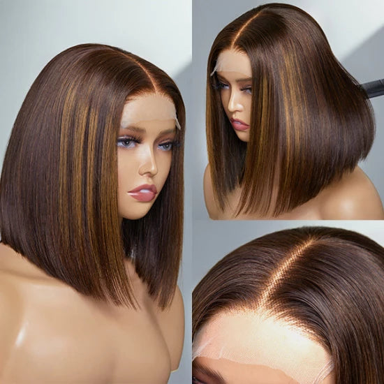 12 Inch Chestnut Brown Highlights Straight 4x4 Closure Bob Wig 150% Density