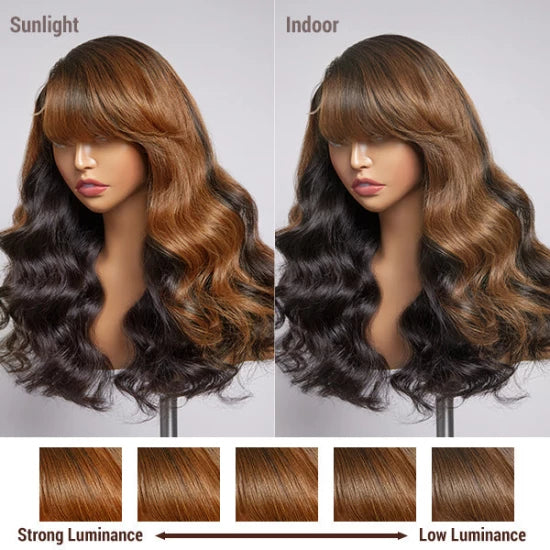20 Inch Brown Mix Black Loose Wave 5x5 Closure C Part Glueless Wig with Bangs