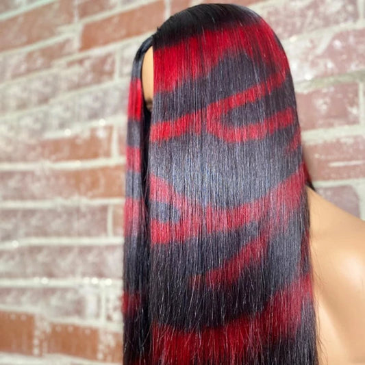 24 Inches 13x4 Ruby Red Zebra Print Straight Lace Frontal Wigs 180% Density-100% Human Hair