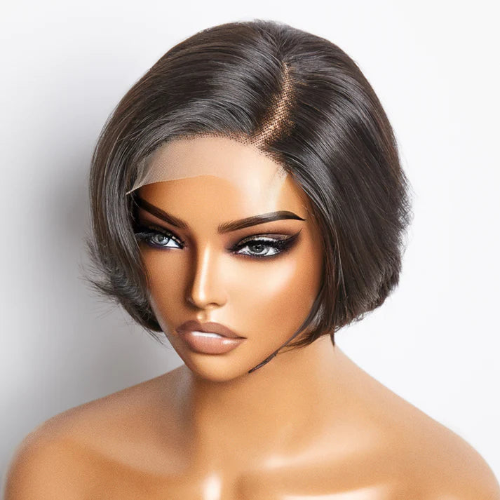 8 Inches 4"x4" Natural Black Straight Bob Side Part Lace Closure Wig-100% Human Hair