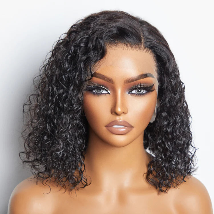 12/14 Inches 13"x4" Natural Black Water Wavy Bob 3D Transparent Lace Frontal Wig-100% Human Hair