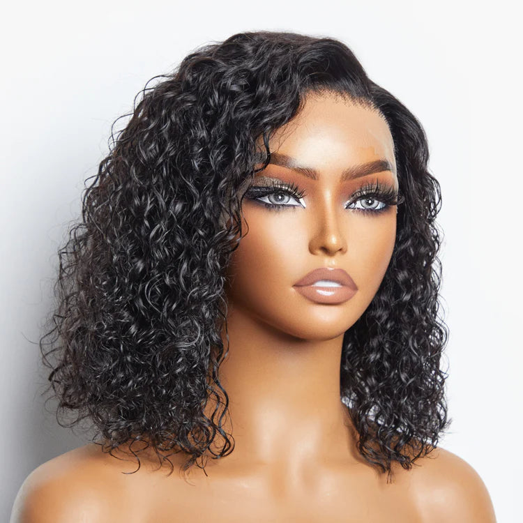 12/14 Inches 13"x4" Natural Black Water Wavy Bob 3D Transparent Lace Frontal Wig-100% Human Hair