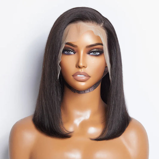 12 Inches 13x4 #1B Straight Lifting Bang Side Part Lace Frontal Wig-100% Human Hair