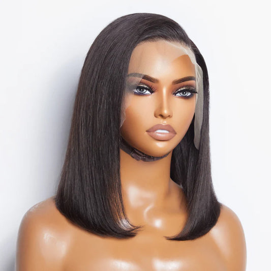 12 Inches 13x4 #1B Straight Lifting Bang Side Part Lace Frontal Wig-100% Human Hair