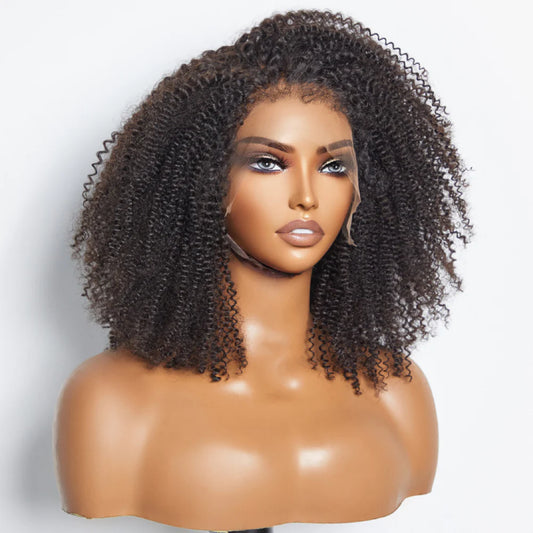 16 Inches 13"x4" Afro Kinky Curly 4C Edge Hairline #1B Lace Frontal Wig-100% Human Hair