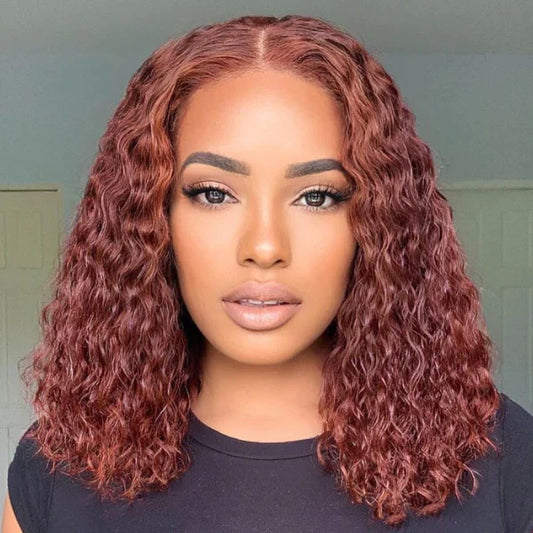14 Inches 4x4 Pre-plucked Reddish Brown Curly Glueles Lace Closure Wig-100% Human Hair