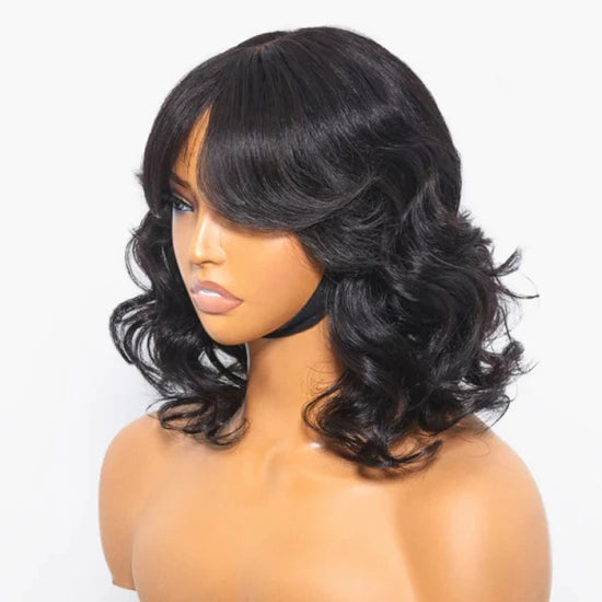 12 Inch Mature Lady Short Loose Wave #1B Lace Wig With Bangs