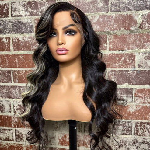 22 Inches 13x4 Highlight Body Wave with Feather Bang 180% Density-100% Human Hair