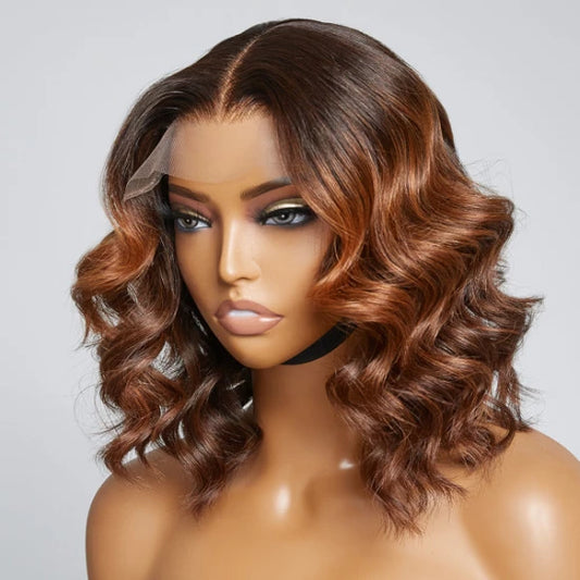 12 Inch Elegant Brown Ombre Loose Wave T-Part HD Lace Glueless Short Wig 100% Human Hair