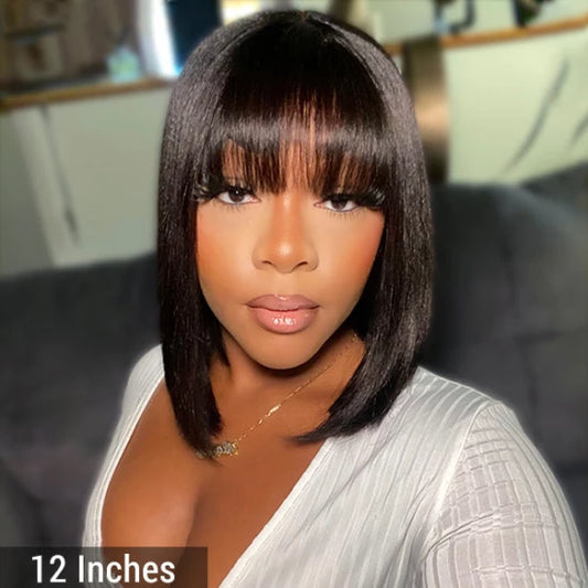 12 Inch Realistic Yaki Straight Bob With Bangs 2x1 Minimalist Lace Wig 150% Density