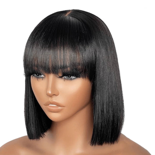 12 Inch Realistic Yaki Straight Bob With Bangs 2x1 Minimalist Lace Wig 150% Density