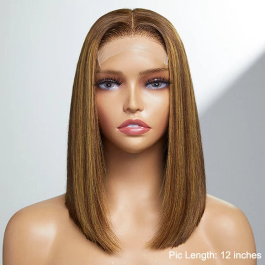 12 Inch Sleek Highlights Glueless 4x4 Closure Bob Wig 150% Density