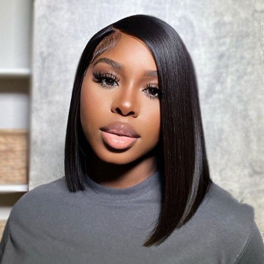 Asymmetrical Blunt Bob 13"x4" Transparent Frontal Lace Wig Straight Human Virgin Hair