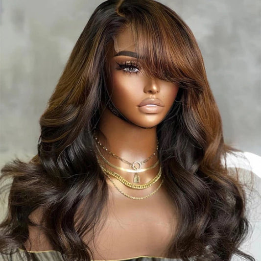 20 Inch Brown Mix Black Loose Wave 5x5 Closure C Part Glueless Wig with Bangs