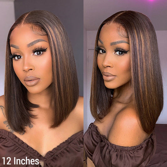 12 Inch Chestnut Brown Highlights Straight 4x4 Closure Bob Wig 150% Density