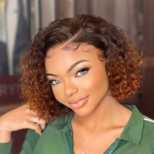 10 Inch Trendy Mix Brown Short Cut Curly HD Lace Glueless Side Part Wig
