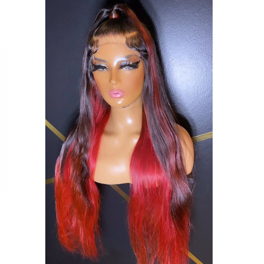 Custom Wig Ombre 1B/Red 28inch 5x5 Lace Long Straight Up-do Style Human Hair Wig 180% Density
